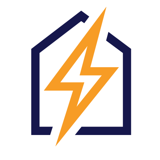 Logo de favicon en forme de maison avec un éclair jaune pour Mini Electro, spécialiste en solutions énergétiques et électroniques, en résolution 512x512 pixels, couleurs dominantes bleu marine et jaune.