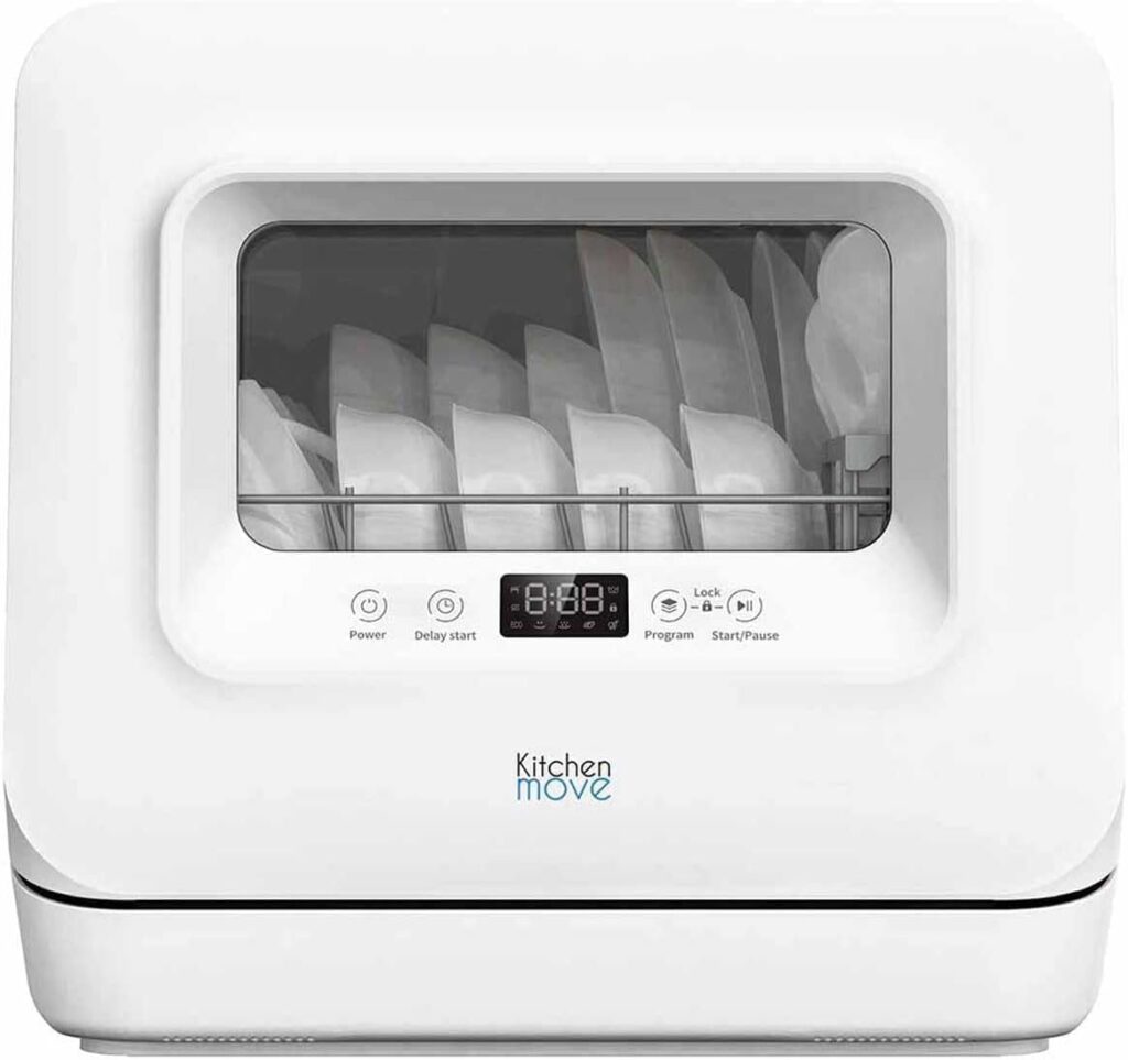 Image du lave-vaisselle compact Kitchen Move Wash Clean avec vue sur le panneau de commande et l'intérieur à travers la fenêtre transparente.